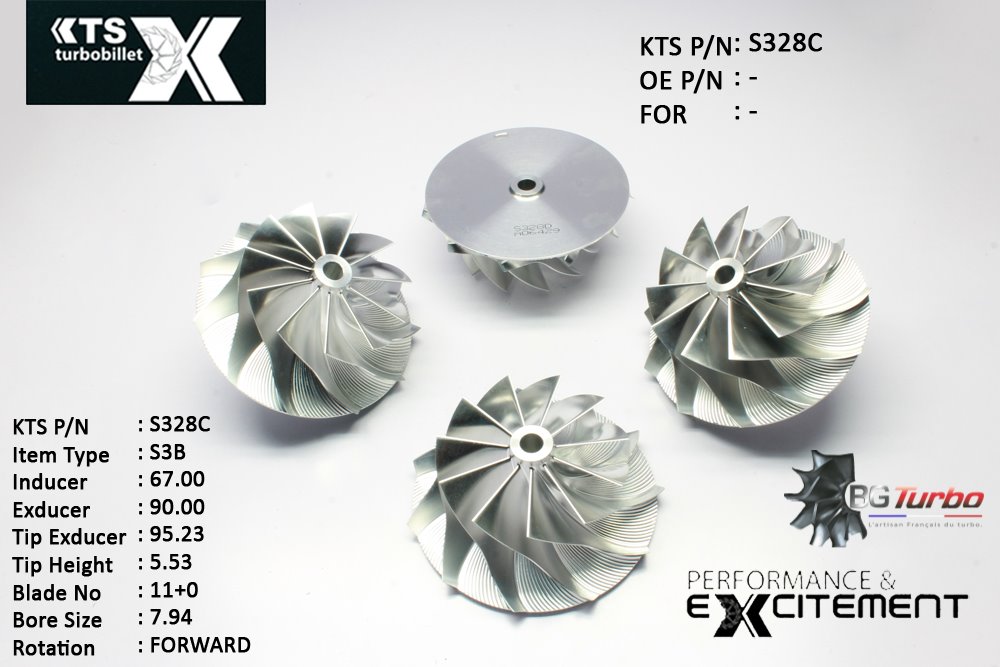 Turbo ROUE FORGÉE MFS PERFORMANCE - 11+0 PALES - INDUCER : 67 - EXDUCER : 90 - TYPE : S3BANGLE : 45° - ROTATION : Forward - SUPER BACK : 1,68 - BORE SIZE : 7,94
